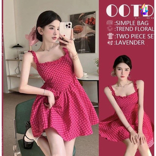 Đầm Hai Dây Nhấn Eo Họa Tiết Sọc Caro Đỏ Trắng Phong Cách Pháp Ngọt Ngào Cho Nữ Raspberry