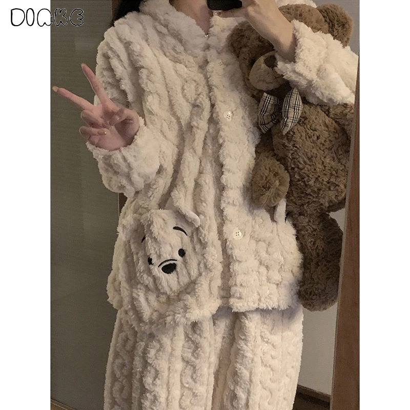 DIAKE❤Bộ Đồ Ngủ pijama công chúa Chất Nỉ Phối Lông Cừu San Hô Dày Dặn Ấm Áp Thời Trang Thu Đông Dễ Thương Cho Nữ