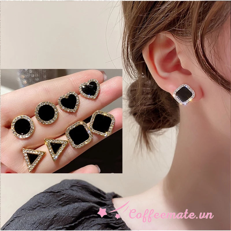 【CF】Bông Tai Mạ Bạc Hình Vuông Nhỏ Màu Đen Thanh Lịch Cao Cấp Dành Cho Nữ