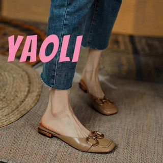 YAOLI  Dép Bít Mũi Gót Thấp Đính Khóa Ngựa Phong Cách Vintage Pháp Thời Trang Mùa Hè Dành Cho Bạn Nữ