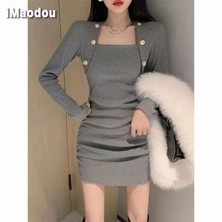 IMAODOU Đầm Len Dệt Kim Tay Dài Cổ Vuông Thời Trang Thu Đông Dành Cho Nữ