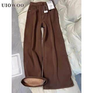  Uiowoo Quần Jean Nữ Ống Rộng Lưng Cao Lót Lông Cừu Dày Màu Cà Phê Đậm 