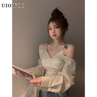 Áo Nữ Trễ Vai Tay Dài Kẻ Sọc Thời Trang