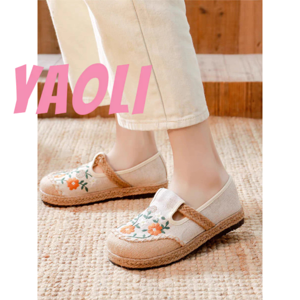 YAOLI Giày Vải Lanh Đế Bằng Thêu Họa Tiết yaoli Phong Cách retro Mới Cho Nữ