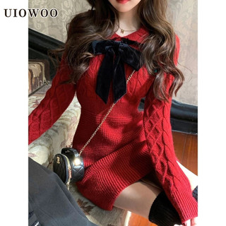 Uiowoo Đầm Dệt Kim Màu Đỏ Dáng Ôm Eo Hẹp Thời Trang Pháp Cho Nữ
