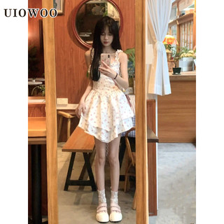 Uiowoo Hoa Sling Đầm Cổ Tích Bánh Đầm Nữ Hẹp Eo Mỏng Hơn Nhìn Ngọt Ngào Phong Cách Cay Váy