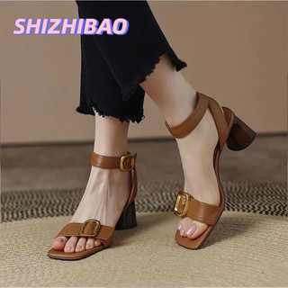 Sandal SHIZHIBAO cao gót mũi vuông hở ngón có quai hậu phối khóa phong cách retro thanh lịch cho nữ