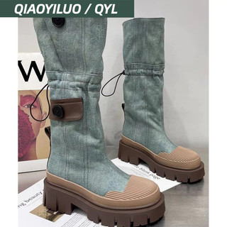 Qiaoyiluo Giày Bốt martin Mũi Tròn Gót Vuông Màu Sáng Phong Cách Âu Mỹ Cao Cấp Sang Trọng