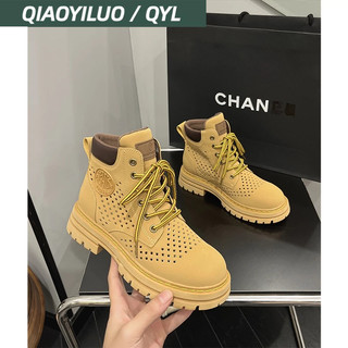Qiaoyiluo Giày Bốt martin Da Đục Lỗ Thoáng Khí Thời Trang Cho Nữ