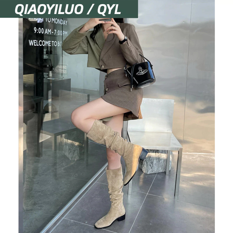 Giày Bốt Cổ Cao Qua Gối Xếp Ly Thời Trang Anh Quốc qiaoyiluo
