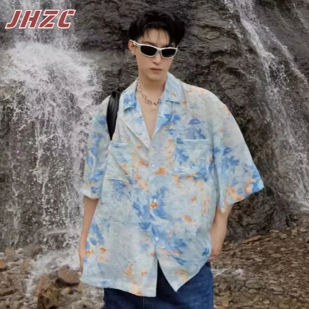 Jhzc Áo Sơ Mi Tay Lửng Nhuộm Màu Phong Cách harajuku retro Thời Trang Mùa Hè Dành Cho Nam