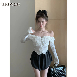 Uiowoo Trắng Xù Vai Dây Xích Dây Dài Tay Áo Thun Nữ
