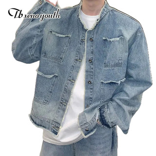 Áo Kiểu Cổ Điển Thiết Kế Trẻ Trung Cá Tính|Men's denim jacket retro old-fashioned gradient raw edge design high-quality casual jacket high-quality fabric