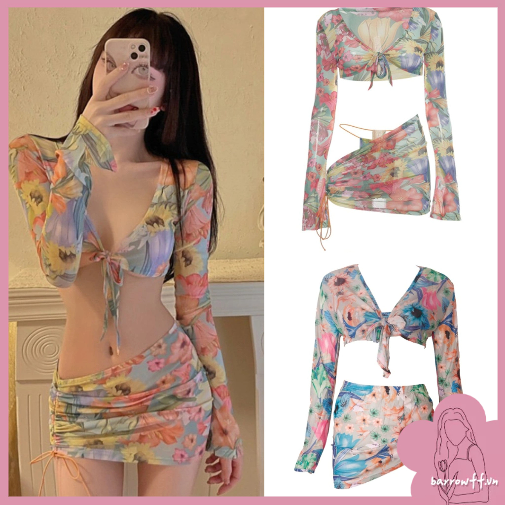 Bikini đi biển Đồ Bơi Bộ 3 set Phụ nữ Floral Mesh Dài Tay Thắt Nút Knot Crop Top với Thong Bên Dây Rút Ruched Đồ Đi Biển | BigBuy360 - bigbuy360.vn