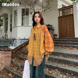 IMAODOU Áo sơ mi kẻ sọc Mỹ áo sơ mi nữ béo em gái dáng rộng mỏng dài tay áo
