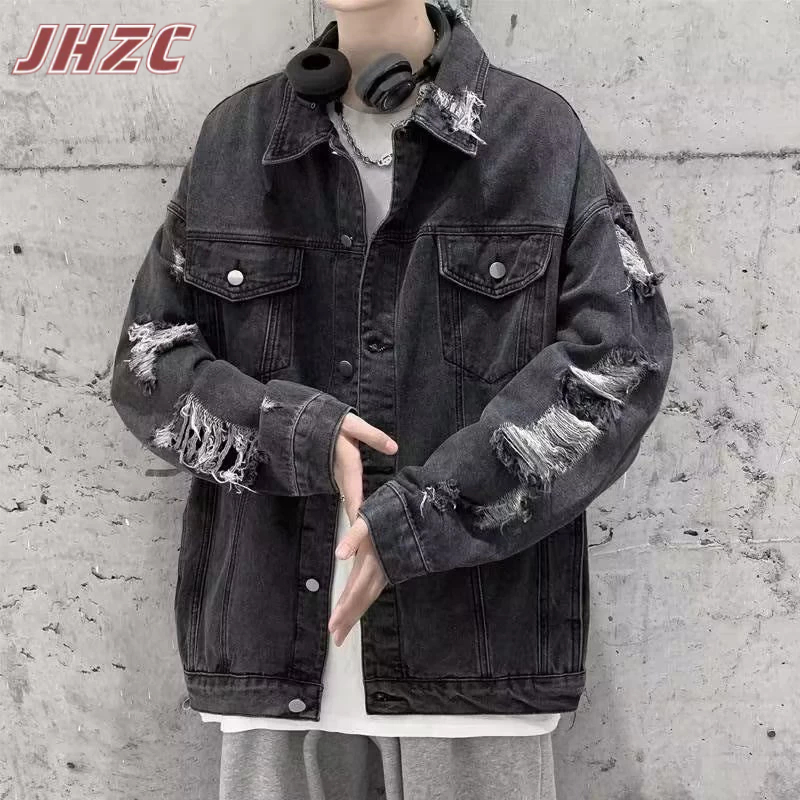 Jhzc Áo Khoác denim Dáng Rộng Thiết Kế Rách Phong Cách retro Mỹ Thời Trang Thu Đông Cho Nam Giới