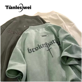 Tianlesiwei American retro đẹp trai dáng rộng da lộn nửa tay áo thun mùa hè mới áo thun unisex ngắn tay