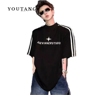 Youtang Áo thun thể thao cổ điển đường phố cao cấp Mỹ mùa hè phong cách trung lập thêu chữ áo thun ngắn tay sọc