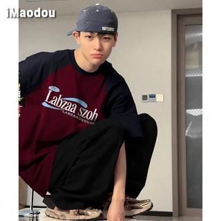 iMaodou Nặng Nguyên Chất Cotton Khâu Màu Tương Phản Áo Thun Ngắn Tay Nam Nữ Mùa Hè Phong Cách Hồng Kông Dạo Phố Rời Tất Cả @ -