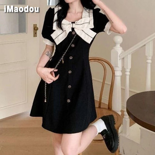 IMAODOU Kích thước lớn kiểu Pháp retro Hepburn phong cách cổ vuông nơ nữ mùa hè mới khí chất cao cấp cảm giác váy dài