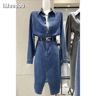 IMAODOU Hàn Quốc Dongdaemun 2024 xuân thu khí chất mới thắt lưng mỏng nút mở nĩa dài tay váy denim nữ thủy triều