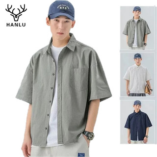 Áo sơ mi nam HANLU tay áo năm phần tư đơn giản thêu tiêu chuẩn mới cổ đứng màu trơn phong cách Harajuku hàng đầu