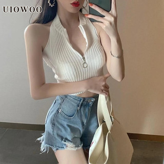 Uiowoo Crop Ngắn Dệt Kim Áo Vest Nữ Slim fit Đáy Sling Top Gợi Cảm