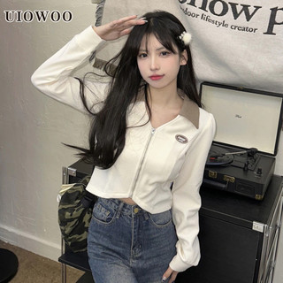 Uiowoo Polo Cổ Khâu Áo Thun Dài Tay Thiết Kế Nữ Dây Kéo Màu Sắc Tương Phản Hot Girl Top