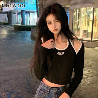 Uiowoo Khâu Dây Ngắn Nữ Thiết Kế Retro Slim-fit Áo Thun Dài Tay