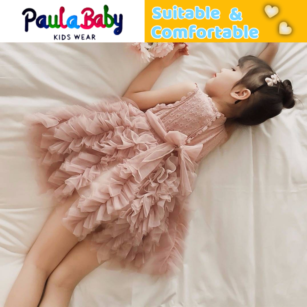 Paulababy Cô gái Hàn Quốc mùa hè không tay thời trang in lưới ponpong đầm