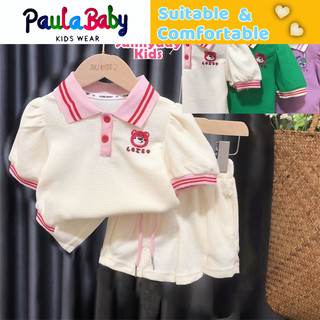 Paulababy Set Áo Thun Ngắn Tay In Hình Gấu Dâu + Quần short Màu Trơn Thời Trang Mùa Hè Cho Bé Gái