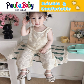 Paulababy Bộ đồ dệt kim mỏng cho bé gái, áo ba lỗ khoét lỗ bé gái kết hợp với quần ống rộng