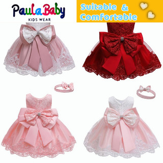 Paulababy đầm xòe công chúa phối ren đính nơ xinh xắn cho bé gái