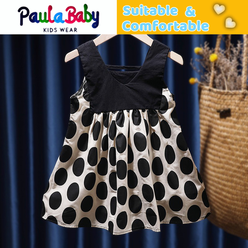 Paulababy Đầm Công Chúa Mùa Hè Sát Nách Chấm Bi Phong Cách Hàn Quốc Cho Bé Gái