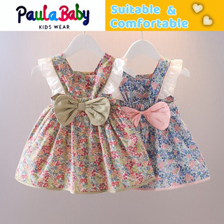 Paulababy thời trang đầm công chúa in hoa tay xòe thắt nơ lưng cho bé gái