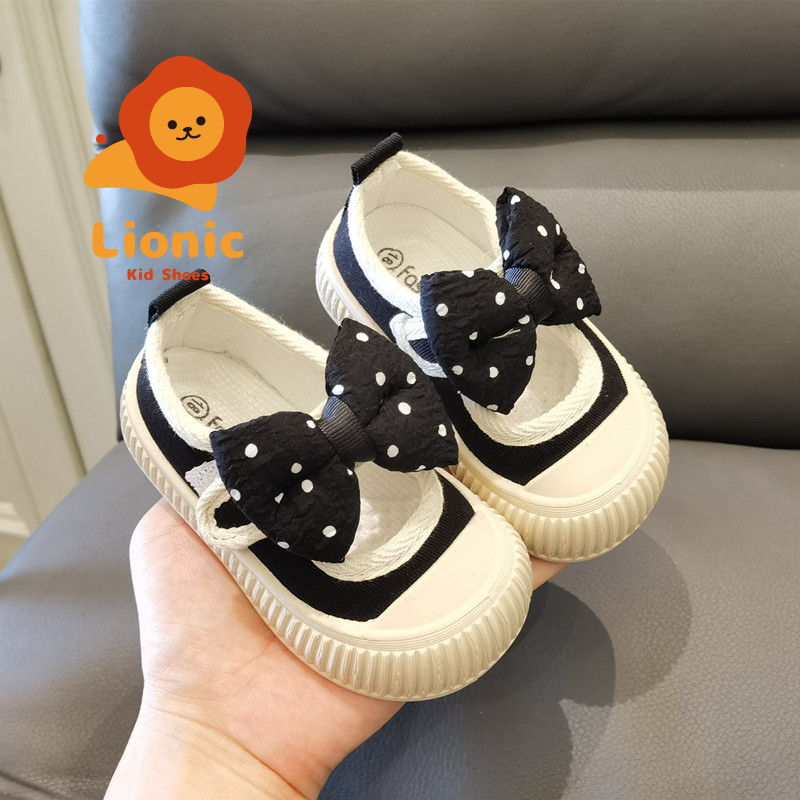 Giày Búp Bê Vải Canvas Đế Mềm Phối Nơ Chấm Bi Dễ Thương Cho Bé Gái