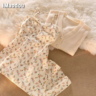 IMAODOU Mùa thu 2024 mới hoa dây váy khí chất váy dệt kim cardigan nhẹ nhàng Bộ mặc mùa thu