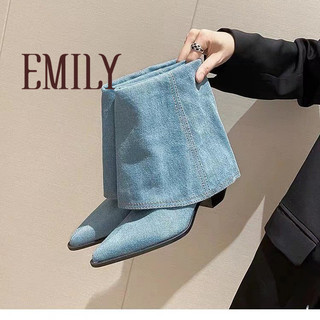 Emily Mùa Thu Đông 2023 Phong Cách Mới Châu Âu Mỹ Bán Chạy Denim Giày Bốt Ngắn Nữ Gót Dày Mũi Nhọn Còng Giày Bốt Martin Thời Trang