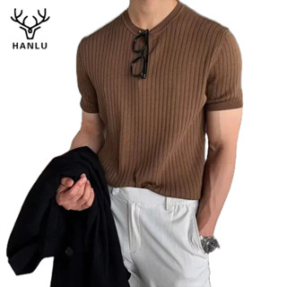  Áo thun nam HANLU công sở cổ tròn dệt kim dáng ôm vừa vặn tay ngắn 