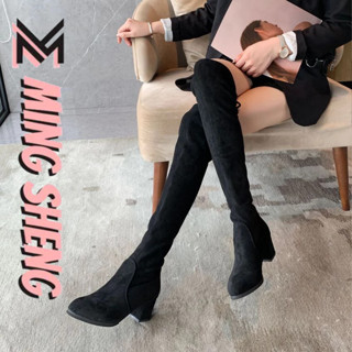 Giày Bốt Cổ Cao Qua Đầu Gối Đế Thấp Màu Đen Co Giãn Dành Cho Nữ