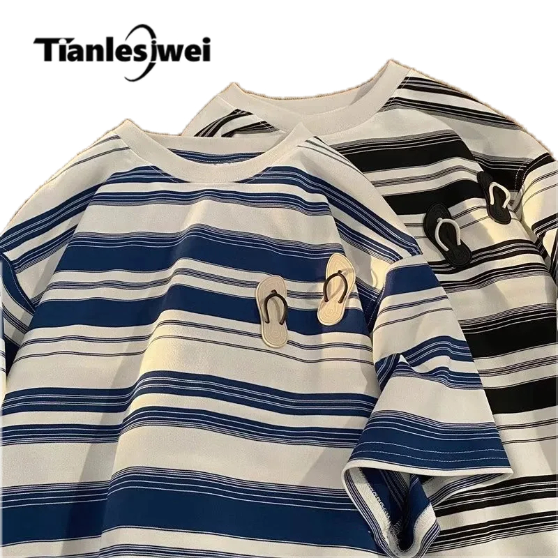 Tianlesiwei Mùa hè Hồng Kông thương hiệu thời trang đẹp trai Áo thun ngắn tay sọc thích hợp thiết kế độc đáo của Mỹ dành cho nam và nữ