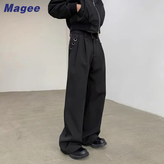 Magee Quần phù hợp nam mới, phiên bản Hàn Quốc, cổ điển, giản dị, cao cấp, lụa băng, thiết kế kim loại thích hợp, dáng rộng, ống rộng, cây lau sàn, quần ống thẳng