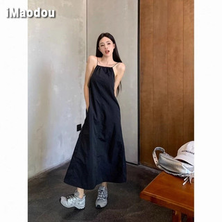 IMAODOU Váy treo lưng không tay màu trơn phong cách cô gái cay phong cách Hồng Kông dành cho nữ mùa hè mới không tay gợi cảm lưng dáng rộng váy dài vừa phải