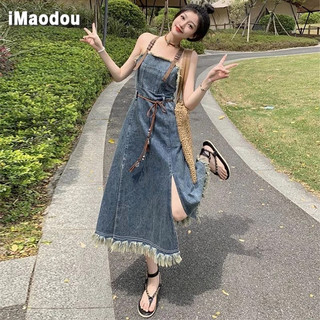 IMAODOU Váy yếm denim bé gái mũm mĩm cỡ lớn trông thon gọn và tinh khiết vào mùa hè, với váy dây đeo có khe hở cổ điển dài vừa phải dành cho nữ