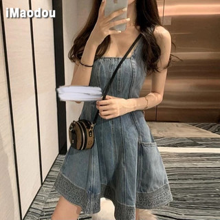 IMAODOU 2024 Váy denim kiểu Pháp mới dành cho nữ mùa hè thu, có thiết kế váy dây thắt lưng nhỏ và cảm giác váy ngắn thích hợp