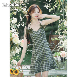 IMAODOU Ca rô không tay kẻ sọc rừng tươi phong cách retro xanh cổ điển nông thôn bướm cảm giác mát mẻ váy ngắn có váy treo