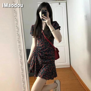 IMAODOU Bộ sưu tập thắt lưng váy hoa dành cho nữ mùa hè màu đen mỏng vừa vặn cổ chữ V khí chất tình yêu đầu tiên váy ngắn cổ điển Hồng Kông váy sang trọng