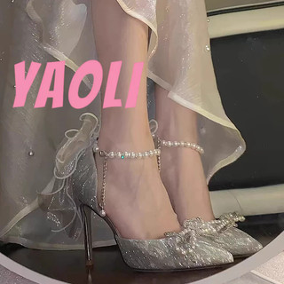 YAOLI  Giày cao gót Cổ tích pha lê bạc cưới cô dâu Giày cao gót Pháp dép mới