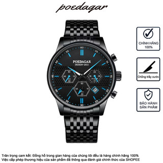Đồng hồ nam đa chức năng POEDAGAR 635 Đồng hồ nam Chronograph Lịch chống nước Dạ quang Hợp thời trang Đồng hồ thông thường Đồng hồ kim loại Đồng hồ đen