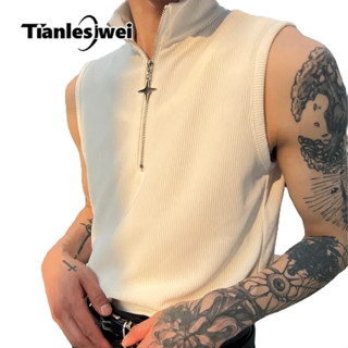 Tianlesiwei Mùa Hè Không Tay Đứng Cổ Áo Ôm Phong Cách Hàn Quốc Đa Năng Thường Ngày Ngôi Sao Dây Kéo Áo Vest